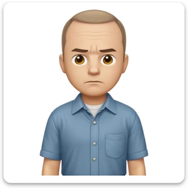 Sling Blade's Carl, serious, chin out, slouched, no glasses, collared shirt, side profile, full body, standing, three-quarter face, head extended forward, emoji style sticker