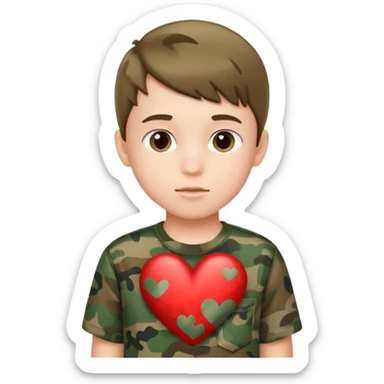 portrait of boy indoors with camo heart sticker