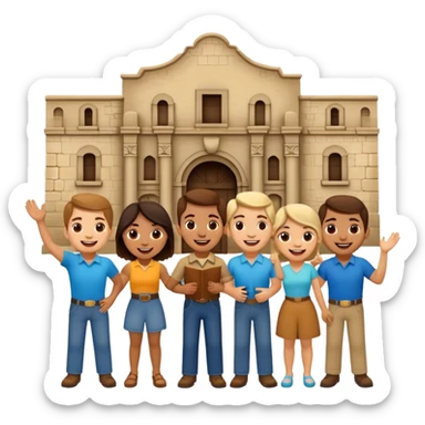 Texans excited in front of the alamo sticker