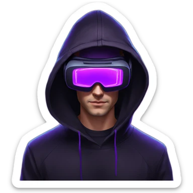 Russian man in the black hoody with violet OMG VR logo on it wearing vr headset. Cyberpunk style. Violet neon. sticker