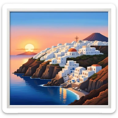 Cinematic Realistic Santorini Caldera Landmark Emoji, featuring white-washed buildings perched on volcanic cliffs, overlooking the deep blue Aegean Sea, with warm sunset hues illuminating the sky and reflecting off the water. sticker