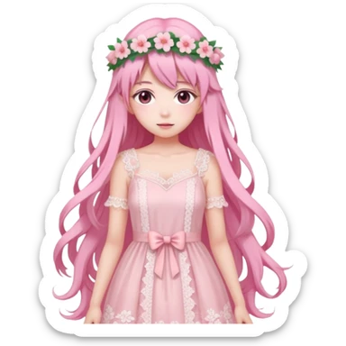 pastel anime woman with pink and white lace dress full body and long hair with flower crown sticker