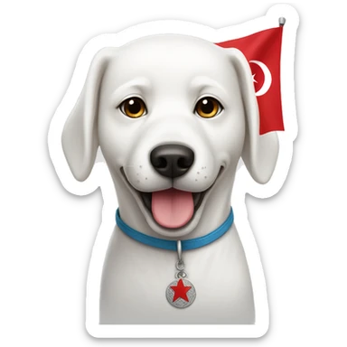 A white dog with a Turkish flag sticker