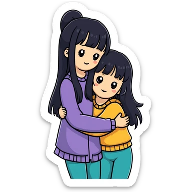 two white girls with long black hair hugging, one girl has bangs sticker