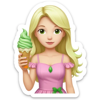 girl blonde long hair in pink dress,  holding matcha ice cream sticker