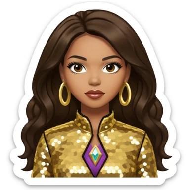 Tenitra Michelle Williams, R&B Singer from Destiny's Child with long dark brown hair, gold sequin outfit, medium dark skin sticker
