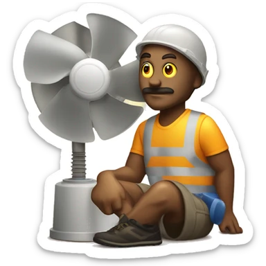 Sun burned man siting next to the blower fan sticker