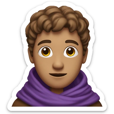 a small man's head is wrapped in a purple scarf, only 1 eye is visible and it is white, there is a brown robe on the body sticker