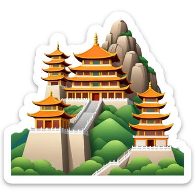 Wutai Mountain Buddhist temples, simplified emoji style with bold outlines and bright colors, cartoon style traditional Chinese temple with mountains sticker
