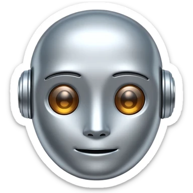 A cute futuristic robot emoji made of silver chrome, rounded friendly body, minimal facial features, glossy metallic surface, soft reflections, iOS emoji style, centered, clean white background sticker