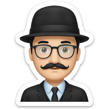 black hair dad in black suit and glasses with mustache and a hat sticker