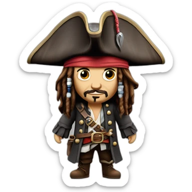 Jack Sparrow full height,3d ,морщины детализация,лицо детализированный  cinematic experience, realistic, dark, ultra-realistic render sticker