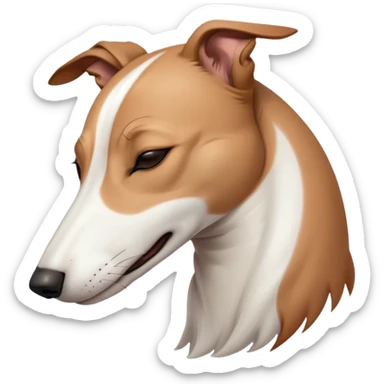 Meme-Worthy Cute Sleeping White and Brown Greyhound Portrait Emoji, Head resting peacefully with a contented smile, showcasing a lean, graceful build and a luxuriously smooth Fur of white with brown accents, eyes shut in a serene nap, Simplified yet hilariously adorable features, highly detailed, glowing with a soft, drowsy light, high shine, relaxed and utterly lovable, stylized with an air of playful laziness, bright and heartwarming, soft glowing outline, capturing the essence of a comically sleepy racer, so meme-worthy it feels like it could instantly become the next viral sensation of adorable slumber! sticker