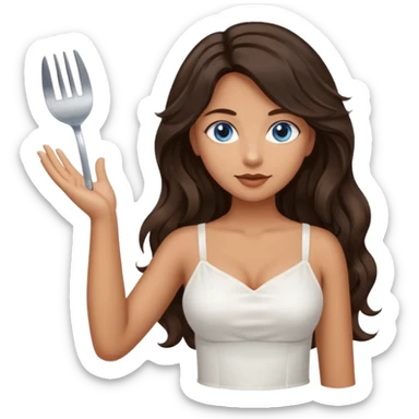 Girl with olive skin, blue eyes, brown dark insanely wavy long hair, white camisole, left hand palm up server style no spoon sticker