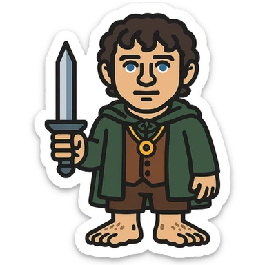 Whole body image of Frodo Baggins from the lord of the rings movie in pixel art style. Make Frodo look like the actor that portrayed him in the movie, Elijah Wood, blue eyes and dark curly hair. Frodo is wearing the same green elven cloak with the leaf buckle, brown vest, cream undershirt, dark brown leather short pants, and hairy hobbit feet. He is wearing a golden yellow ring on a necklace. he's also holding the same blue sword that bilbo is holding in the reference image. sticker