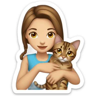 a beautiful girl with brown hair and blue eyes holds a Bengal cat with yellow eyes in her arms sticker