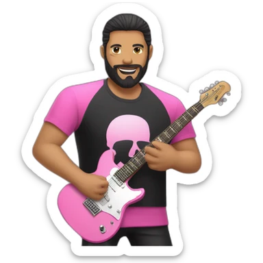 white man with black beard and black t shirt and pink electric guitar sticker