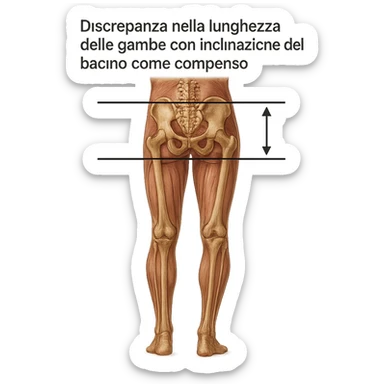 Medical style hyperrealistic posterior view highlighting the difference in leg length: one leg visibly shorter than the other, pelvis tilted for compensation. Add arrows, reference lines, and an anatomical caption in Italian to make the concept immediately understandable. Remove background. Variation 5. sticker