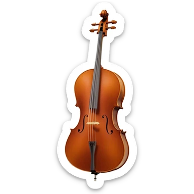 Create an elegant and refined emoji representing the Cremona 4/3F 4/4 cello with a Hans Klein HKCB bow. The design should feature the curved wooden body of the cello with a rich, glossy finish, capturing its classical shape and intricate details. The bow should be displayed with fine craftsmanship, highlighting the hair and the smooth, polished wooden stick. Include subtle musical notes floating around the instrument to emphasize its rich, melodic sound. Use deep wood tones like chestnut brown, gold accents for the fittings, and soft lighting effects to give the instrument a timeless, professional feel. The background should be transparent. sticker