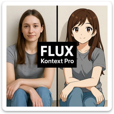 create before after image of a girl before is realsitic photo, after is anime version of her in same pose and clothes, add logo with text of a "FLUX Kontext Pro" in middle in big, black background sticker