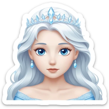 Cinematic Serene Snow Queen Portrait Emoji, rendered in a simplified vector style. Depict a gentle Elsa (chest and above) with delicate icy skin, softly cascading platinum hair, and calm, reflective blue eyes, dressed in her classic ice-blue gown. The image exudes a soft, luminous frosty radiance with high shine and a subtle glowing outline. sticker