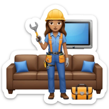 beautiful girl with long brown hair constructing new lounge room area with flat screen tv and couch sticker