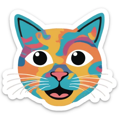 Abstract quirky funky cat made of different shapes and squiggles linocut multicoloured illustrations  sticker