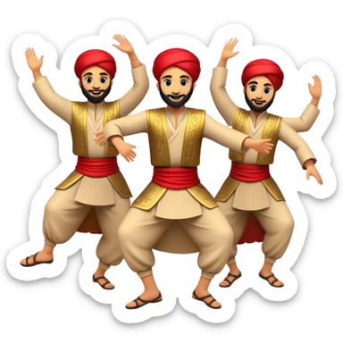 Cinematic Realistic Dabke Dance Emoji, depicted as an energetic traditional Lebanese folk dance with vibrant costumes and rhythmic movements, rendered with dynamic textures and festive natural lighting that captures its communal joy. sticker