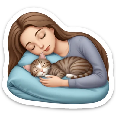 A woman with light beige skin and brown hair sleeping with a gray tabby kitten sticker