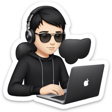 a smart and handsome teenage fair skinned boy using laptop having black hair with headphones and sunglasses and wearing a black sweater sticker