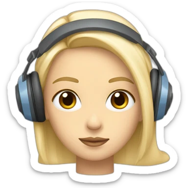 Femme yeux bleus, cheveux longs et blonds, avec un casque musique beige sticker