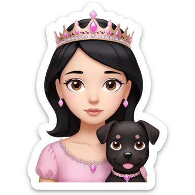 Uma menina de cabelo preto,olhos castanhos,teara rosa ,pluza rosa claro,com o cachorro preto olho caramelo e com um lado rosa  sticker