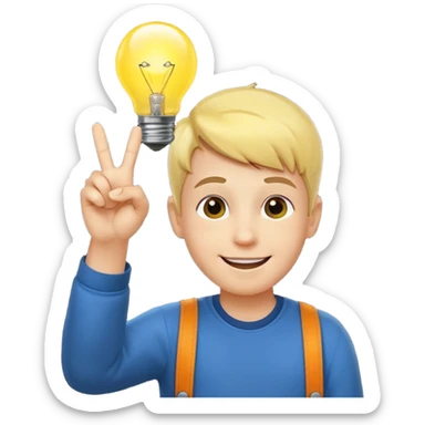 A boy with smily face with victory sign and bulb is glowing above face sticker