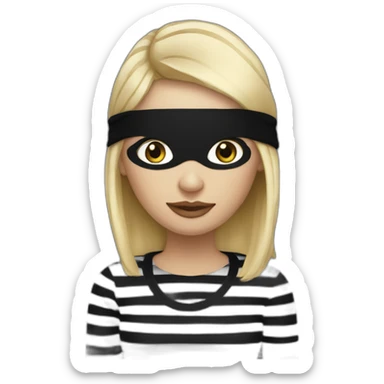 blonde woman in fully black beanie hat, black eye mask and striped shirt sticker
