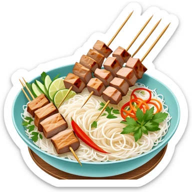 Vietnamese Bún Thịt Nướng with meat specifically grilled on skewers, alongside a bowl of rice vermicelli noodles, herbs and vegetables sticker