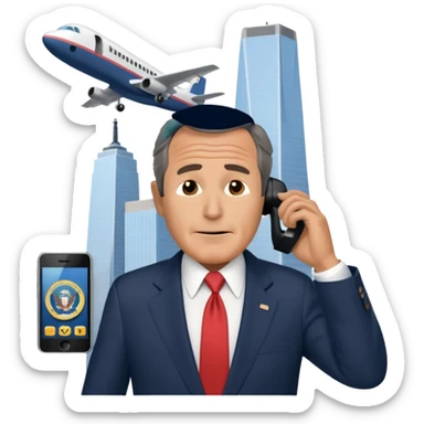 animated emoji of the world trade center with a plane crashed into it and george bush on a phone in front of it sticker