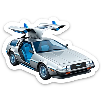 Retro-futuristic hover car inspired by the DeLorean, gullwing doors, silver metallic body with blue-tinted windows, stylized jet boosters in the back, flat vector style, outlined shapes, minimal design sticker