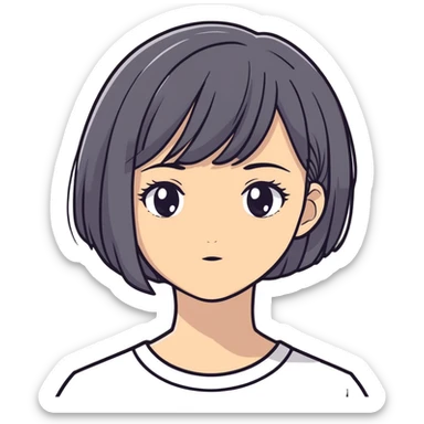 girl with short black hair, bob, with a white strand and gray eyes sticker