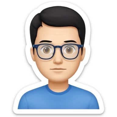 portrait of US man, wearing a blue shirt, square glasses, black hair sticker