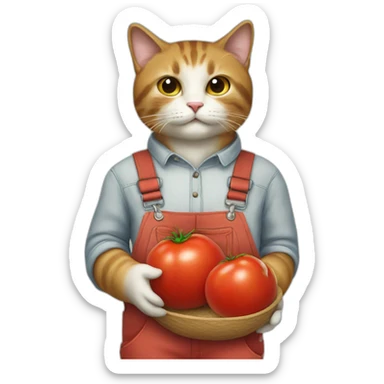a cat with a tomato in overalls sticker