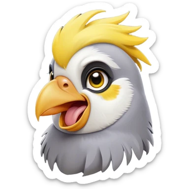 Cinematic Comical Cockatiel Portrait Emoji, Head tilted dramatically with an exaggeratedly amused expression, featuring a striking grey fur with bold yellow accents and a flamboyant crest, wide, expressive dark eyes filled with playful disbelief, Simplified yet hilariously expressive features, highly detailed, glowing with a slightly sassy glow, high shine, dramatic yet playful, stylized with an air of cheeky mischief, bright and endearing, soft glowing outline, capturing the essence of a spirited and over-the-top cockatiel, so meme-worthy it feels like it could side-eye its way into internet fame instantly! sticker