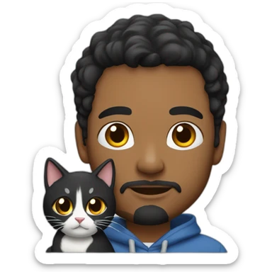 man with short beard hazel eyes and black hair wearing hoodie with cat on lap sticker