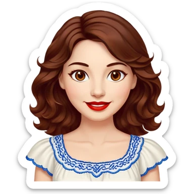 Artistic woman in her 40s with bright complexion, round face, big lively light brown eyes, wide friendly smile, vibrant red lips, voluminous wavy dark brown hair to shoulders, white summery dress with blue embroidery and electric blue neckline sticker
