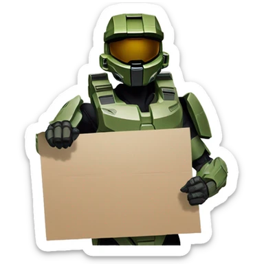 halo master chief holding up a cardboard sign sticker