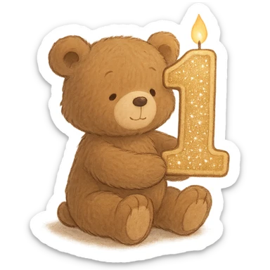 brown teddy holding sparkly number "1" candle, soft Ghibli style, transparent background sticker
