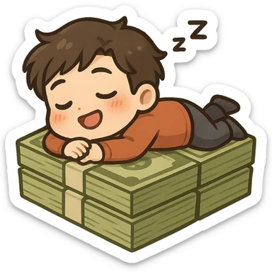happy person napping on mattress of money sticker