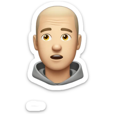 tired white man with buzz cut in gray sweatshirt and very terrified sticker
