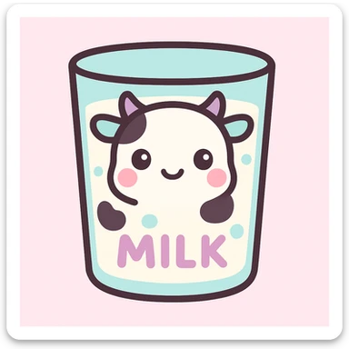 Create a glass of milk in kawaii style with bold outlines, featuring a cute cow face and cow spots on the glass. Include the word 'MILK' prominently on the glass, matching the style of the referenced mug. sticker