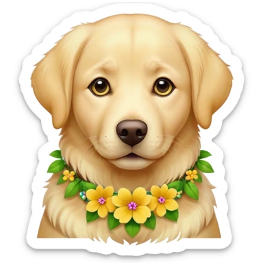 Yellow Labrador retriever with flowers on it’s collar sticker