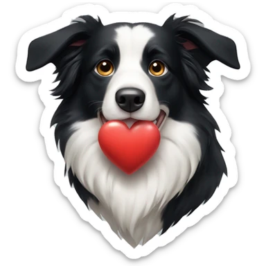 Border collie dog holding a heart sticker
